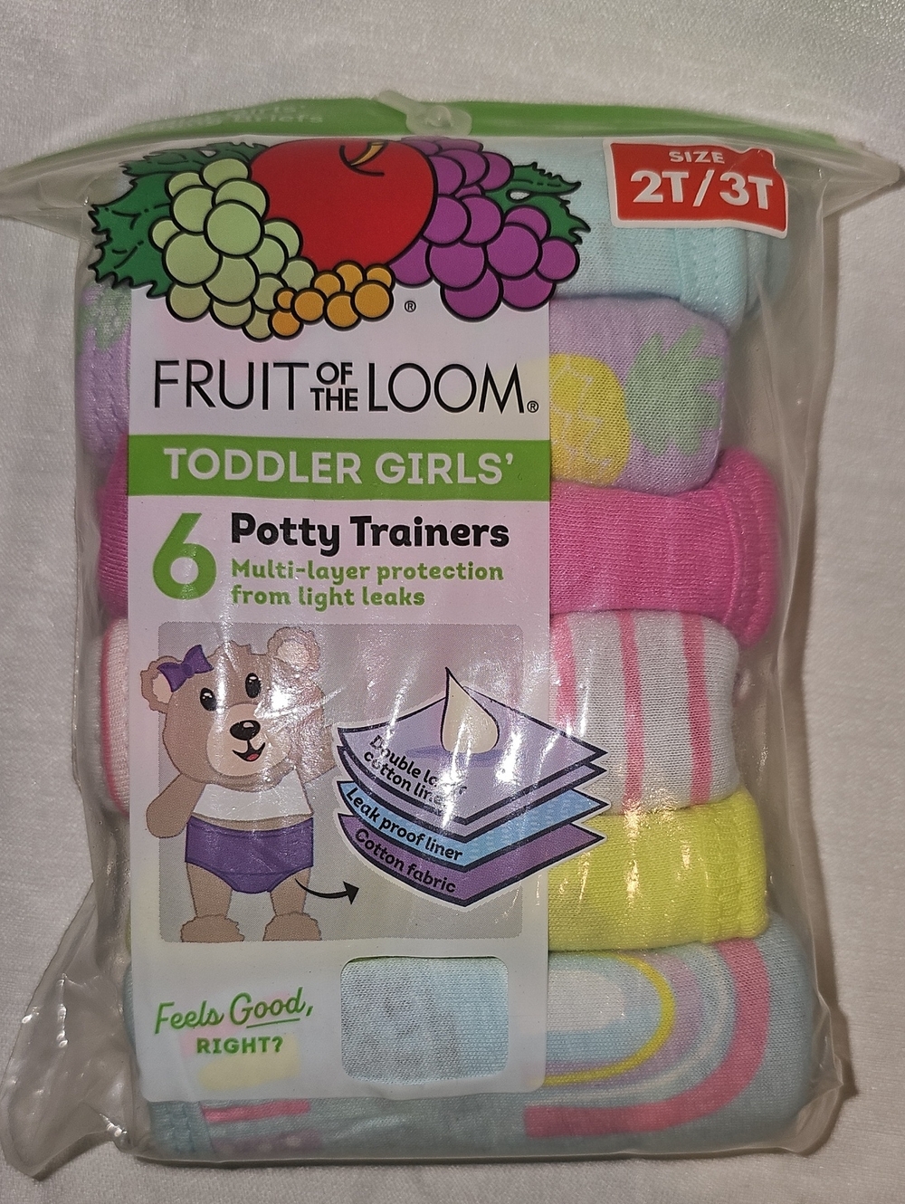 Fruit of the Loom Toddler Girl Size 2T/3T Potty Trainers Brief Underwear 6-Pack